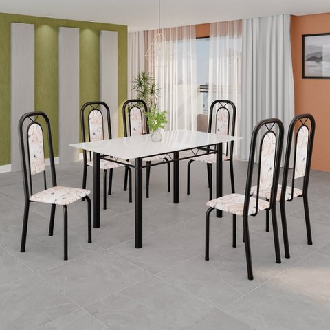 Conjunto de Mesa Tubular com 6 Cadeiras Lara Preto/Bege