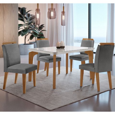Conjunto Sala de Jantar Mesa Liz 120cm com Vidro Canto Copo e 4 Cadeiras Athenas Moderna