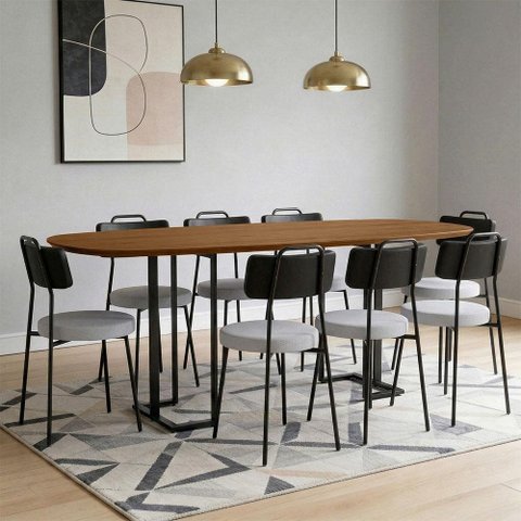Mesa Retangular Alina 200cm Cinamomo Preto com 8 Cadeiras Barcelona N01 Couríssimo Preto Linho