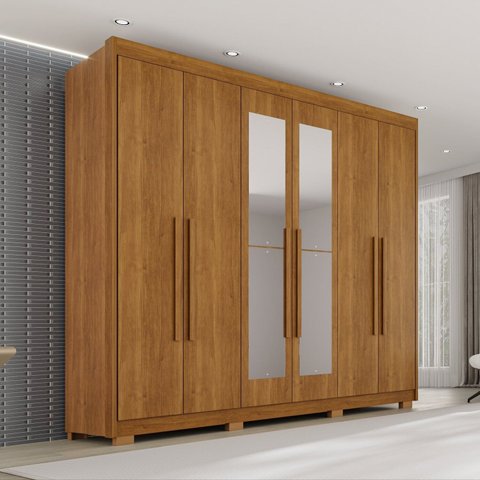 Guarda Roupa Casal com Pés e Espelho 6 Portas 6 Gavetas 100% MDF Itália Plus Marrom/Cinamomo