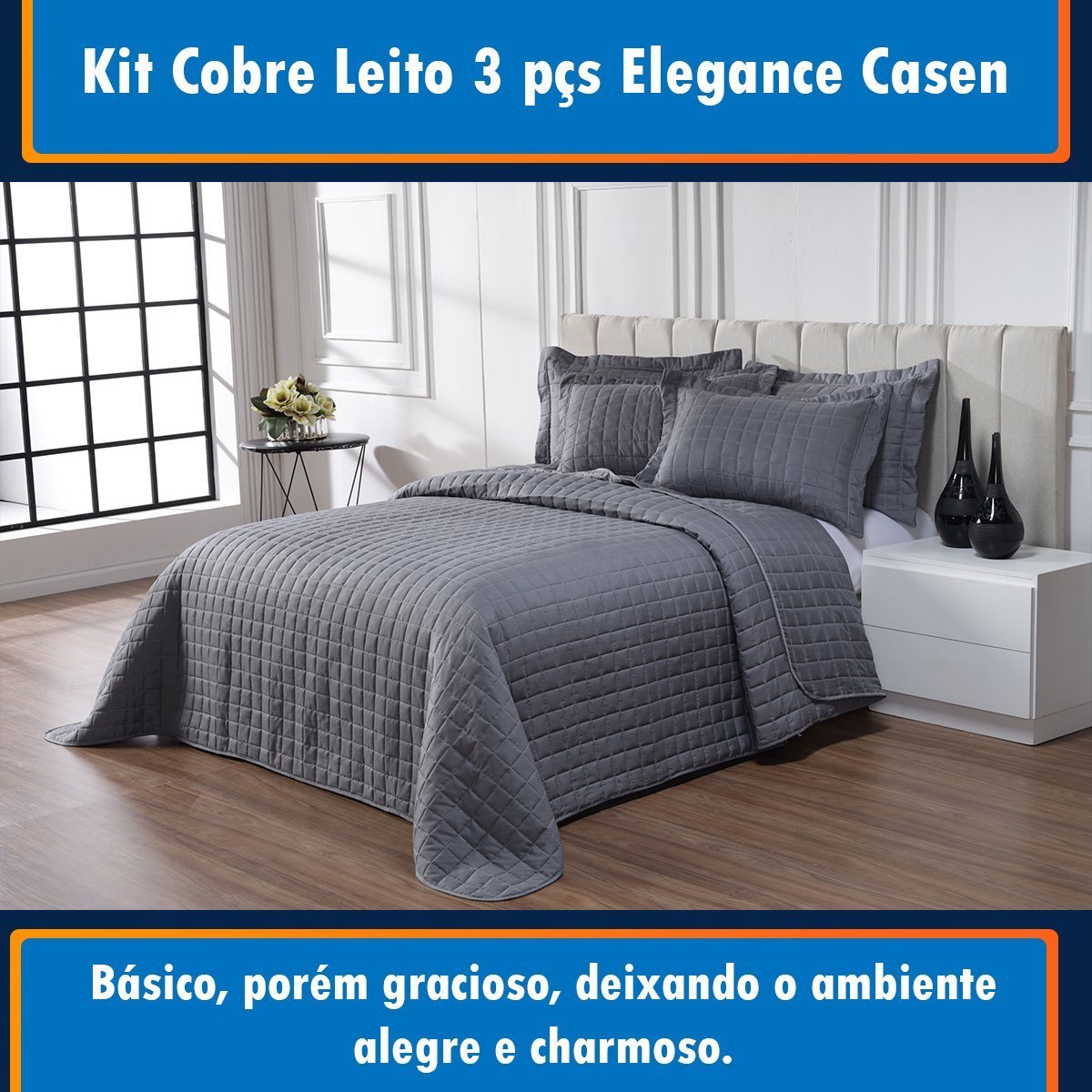 Kit Colcha Elegance Percal 200 fios 3pçs Casal Queen Casen Cor:Cinza - 2