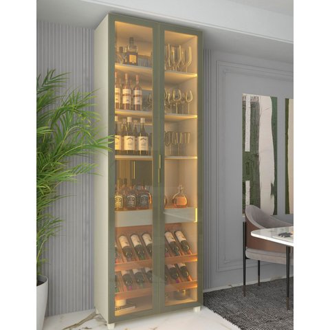 Cristaleira Torre Modulo Estante Bar Adega LED Pés Ladisa Cor:Off White/Bronze