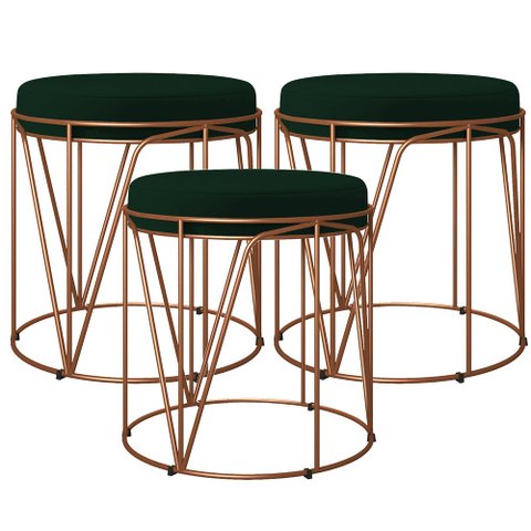 Kit 03 Puffs Decorativo Aramado Bronze Zaya L02 Suede Verde Musgo - Lyam Decor