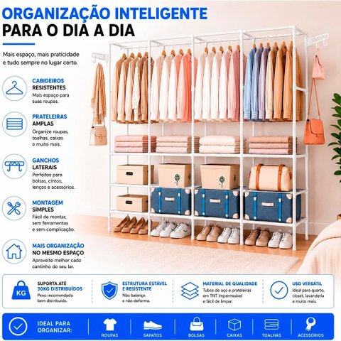 Arara Cabideiro com Sapateira e 10 Prateleiras 4 Colunas Branco Armário Organizador Quádruplo para C