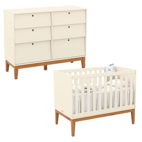 Berço Americano e Cômoda 6 Gavetas Unique Off White Eco Wood - Matic