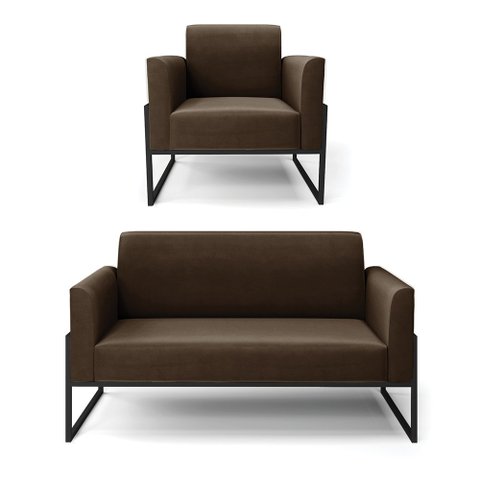 Sofá Namoradeira com Poltrona Base Industrial Alta Preto Marisa Suede Marrom D03 - D’Rossi