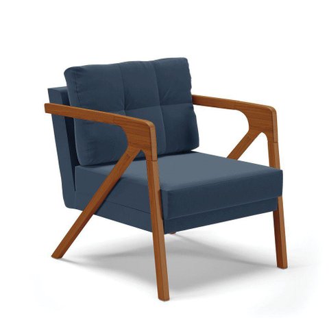 Poltrona Suede Azul Marinho Base De Madeira Castanho