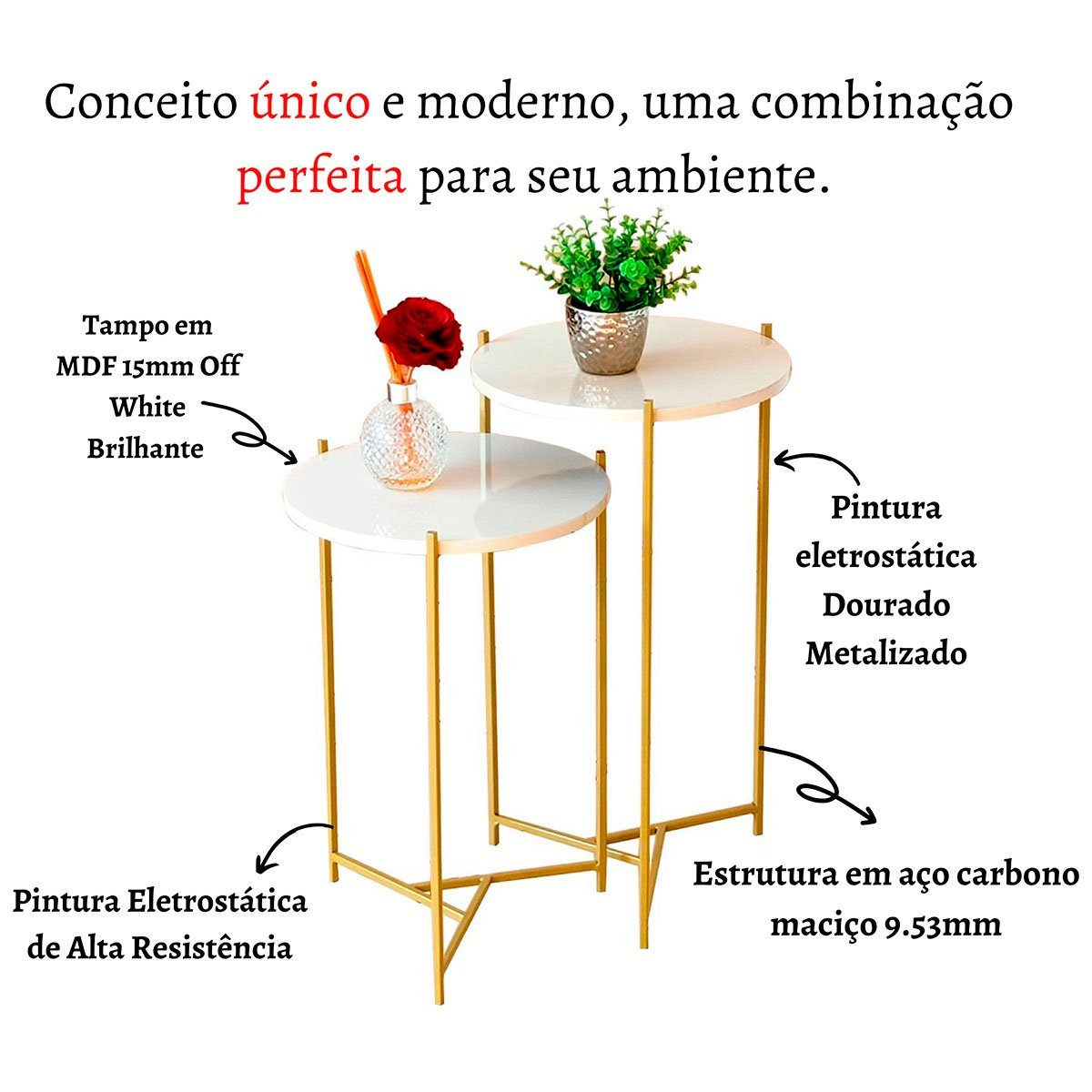 Mesa De Canto Moderna Sala Estar Pé De Ferro Dourada:Tampos Off White Ferragens Dourada - 3