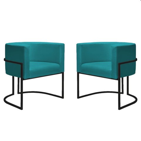 Kit 2 Poltronas Reforçada Decorativa Sala Nayara Base Ferro Preto Suede Azul Tifany