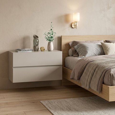 Mesa de Cabeceira Suspenso de Parede Eros 60cm Off White MDF 2 Gavetas