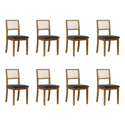 Kit 8 Cadeiras de Jantar Luxo Madeira Maciça Mel Encosto Telinha Palha Estofada Couro Pu Preto Rubi