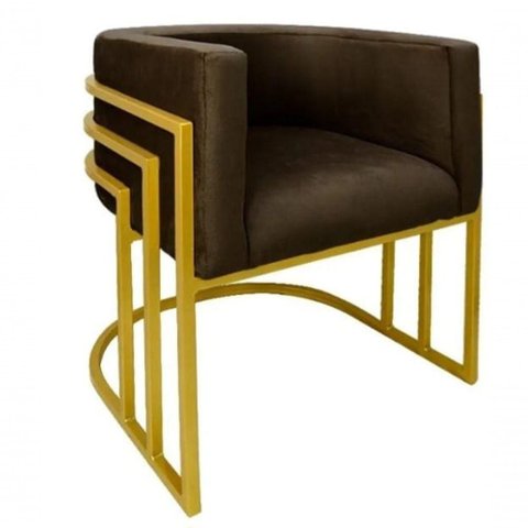 Cadeira Poltrona Luxo Base de Metal Tripla Dourado Sala de Jantar Recepção Veludo Marrom