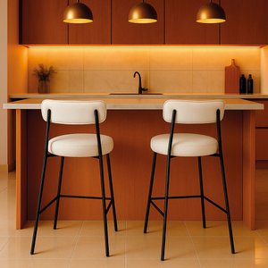 Banqueta Cozinha Alta com Encosto Industrial Preto Kit 2 Londres Pu Branco D03 - D'rossi