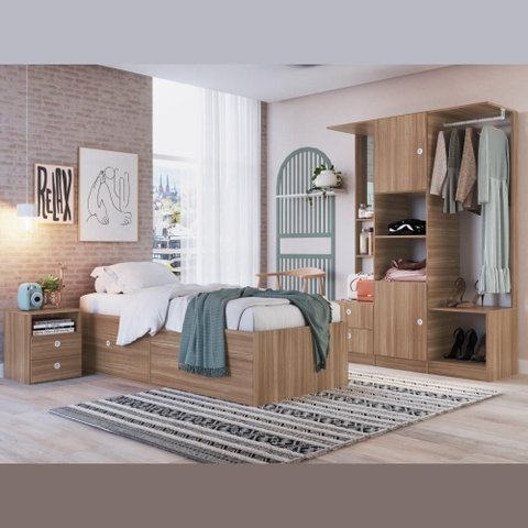 Kit Conjunto Quarto Cama Solteiro 80 4 Portas Mesa de Cabeceira Guarda Roupa Espelho Marrom Madeira