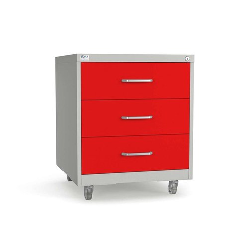 Gaveteiro de Aço 3 Gavetas com Rodízios Chave Preto para Escritório Vermelho/Cinza