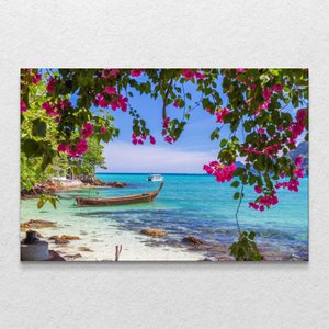Quadro Decorativo Flores e Barco Beira Mar Moderno Sem Moldura e Sem Vidro 60X90