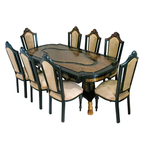 Mesa de Jantar Madeira Preta Marchetaria Dourada Pés Bronze