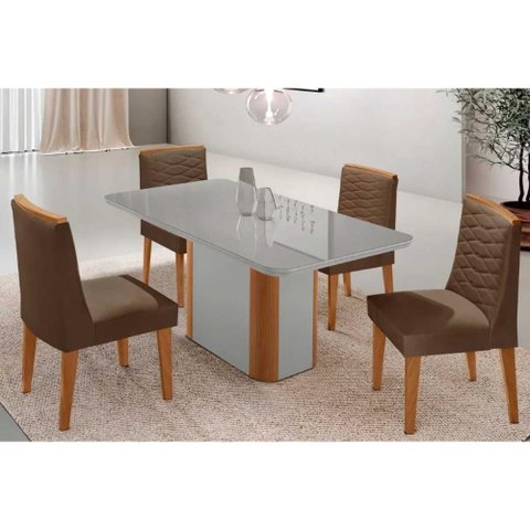 Sala Jantar Mesa Pietá Tampo C/ Vidro Curvo 120cm+4 Cadeiras Maldivas Naturale/off White - Suede