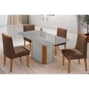 Ver imagem 1 de Sala Jantar Mesa Pietá Tampo C/ Vidro Curvo 120cm+4 Cadeiras Maldivas Naturale/off White - Suede