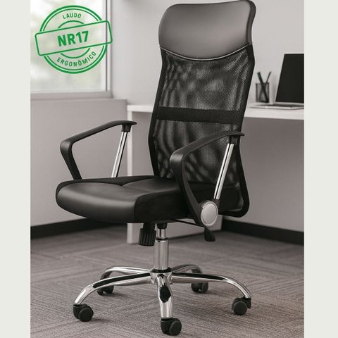 Cadeira Escritório Presidente Tela Mesh Tribune Base Cromada Rodinhas e Laudo Ergonômico Preto
