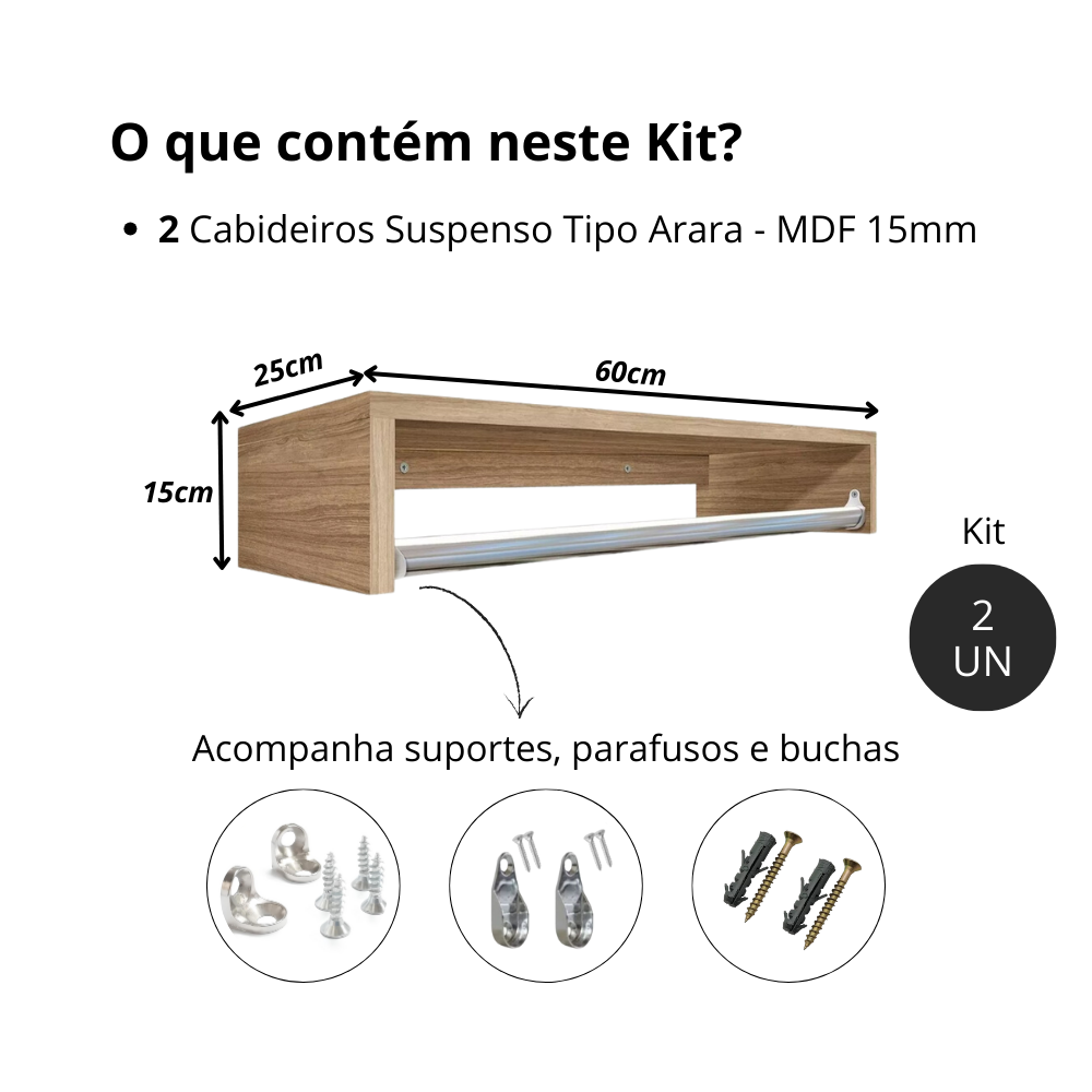 Kit 2 Cabideiros Suspenso - 60 Cm 100 Mdf:amadeirado - 2