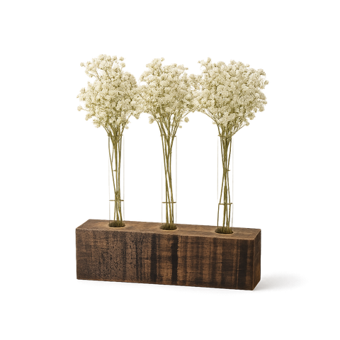 Vaso Decorativo Madeira Nobre com 3 Tubos de Vidro | Centro de Mesa para Flores Secas e Naturais