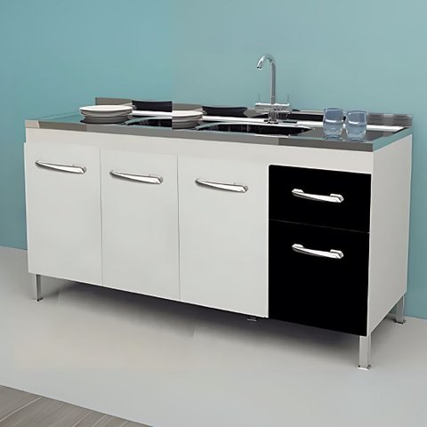Gabinete de Cozinha 144cm 2 Gavetas e 3 Portas Balcão Pia:Branco/Preto