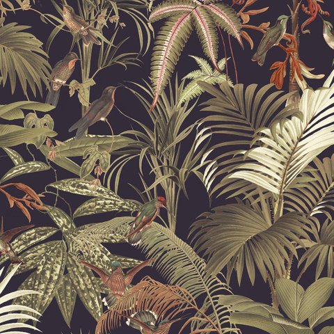 Papel de Parede Folhas e Pássaros Verde e Preto Vinilico+cola Inclusa