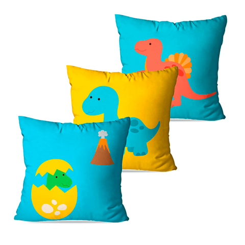 Kit com 3 Capas para Almofadas Decorativas Infantil Dinossauros
