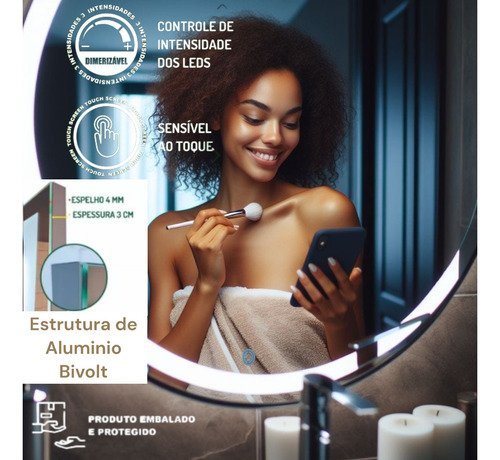 Espelho Banheiro Led 50 Cm Redondo Prata Touch Luz Ajustável Dimerizável Estrutura Alumínio Faixa Fr - 5