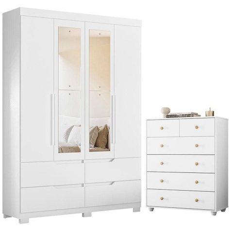 Guarda Roupa Solteiro Doble 4 Portas de Bater com Espelho e Cômoda Vittoria MDP Branco Albatroz
