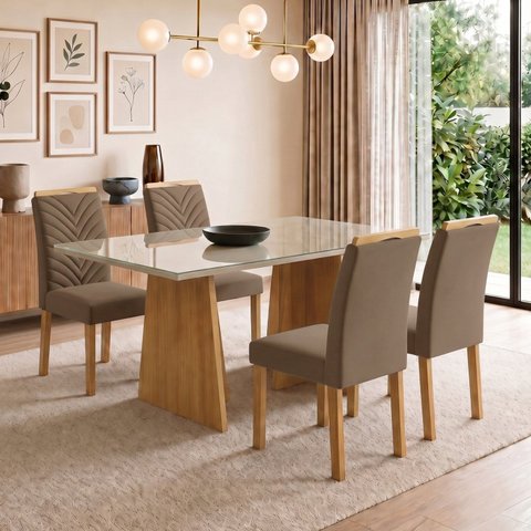 Conjunto Sala de Jantar 4 Lugares Retangular Tampo Vidro MDF 120x80cm Mesa Lyra e Cadeiras Carol