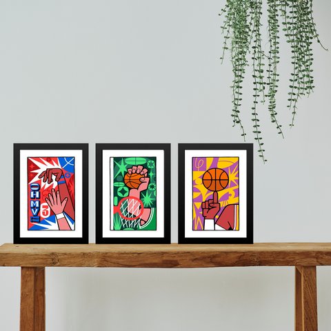 Kit 3 Quadros Artes Basquete Pop Art 33x24cm - com Vidro:moldura Preta
