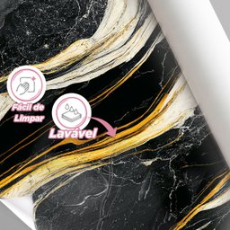 Papel de Parede Painel 3D Mármore Preto Branco Dourado 3M Revestimento Pedra Requinte Auto Colante - 3