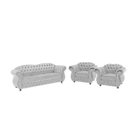 Um Sofá 3 Lugares + Duas Poltronas Chesterfield Merlo- Veludo Cinza Prata / decoração, sala, rece