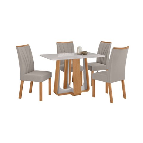 Conjunto Sala de Jantar Mesa Sintonia 120 Tampo Vidro Off White com 4 Cadeiras Apogeu - Lopas Amendo