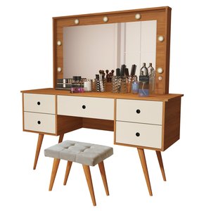Penteadeira Camarim Anaisa com Banqueta Isa Leds e Espelho: Nature Off White