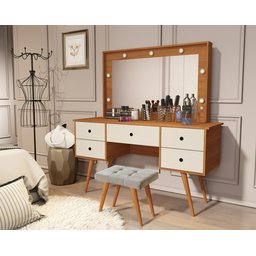 Penteadeira Camarim Anaisa com Banqueta Isa Leds e Espelho: Nature Off White - 2