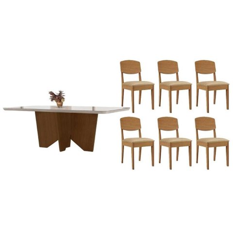 Sala de Jantar Completa Nevada C/ Tampo Madeirado C/ Vidro Canto Curvo 180x90cm e 6 Cadeiras Havana