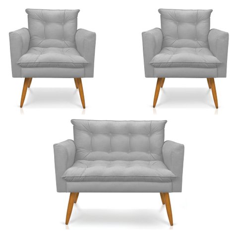 Kit 2 Poltronas e Namoradeira 2 Lugares Thais Suede Cinza Pés Palito Castanho - Slk Decor