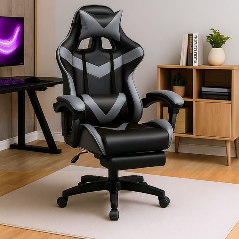 Cadeira Escritório Gamer Nitro Cinza Ergonômica Couro Sintético Reclinável Altura Ajustável Luvinco