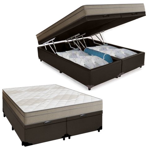 Cama Box Baú Casal Bipartido Sintético + Colchão de Molas Ensacadas Portobel Ipanema - 138x188x66cm 