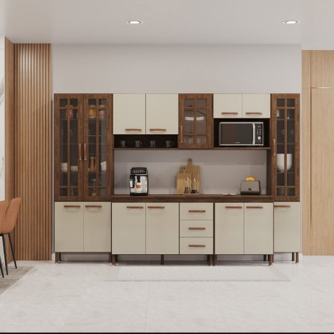 Cozinha Modulada Completa Fidelitá Lisboa 6 Peças 295cm 15 Portas 3 Gavetas com Tampo