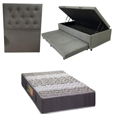 Bicama Box Baú com Colchão de Espuma Orthopedic + Cabeceira Botonê - Solteiro - Suede Cinza