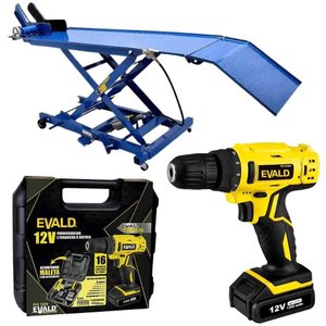 Elevador Hidráulico de Motos até 350kg e Parafusadeira Furadeira À Bateria 12v e Kit Evald