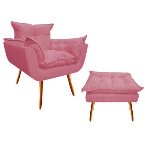 Kit Poltrona + Puff Decorativo Opala Suede Rosa Pés Madeira Mz Decor