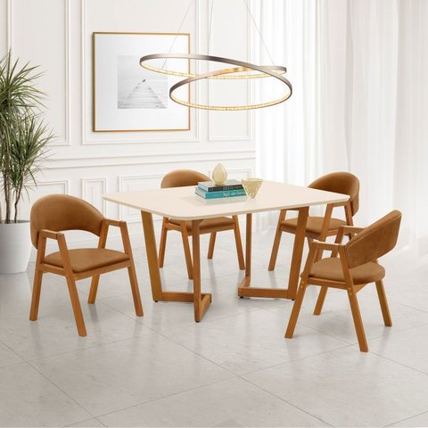 Conjunto Mesa de Jantar 1,60m com Tampo Off-White e 4 Cadeiras em Corino Caramelo – Linha Evo