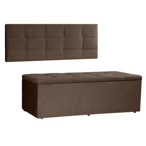 Kit Painel e Calçadeira Baú Queen 1,60m Roma Suede Marrom - Pallazio