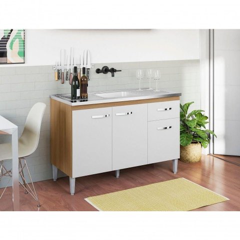 Gabinete de Cozinha Gabriela 3 Portas 1 Gaveta 120cm Amêndoa Branco AJL Móveis