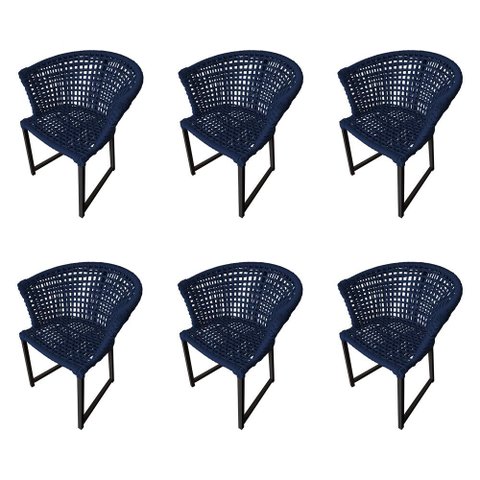 Kit 6 Cadeiras Salinas Corda Náutica Base em Alumínio Preto/azul Marinho